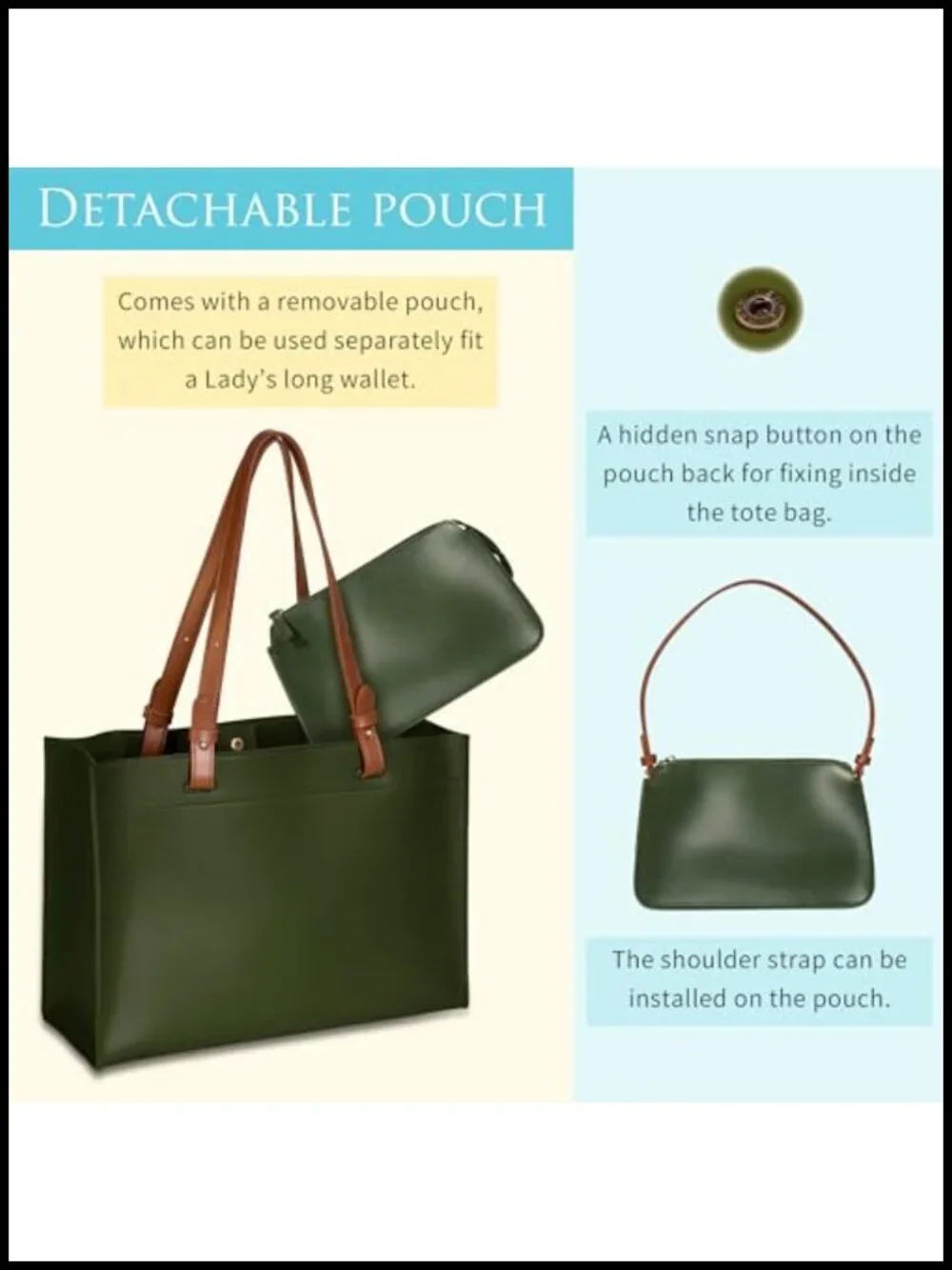 Vegan Leather Convertible Tote Bag with Detachable Pouch